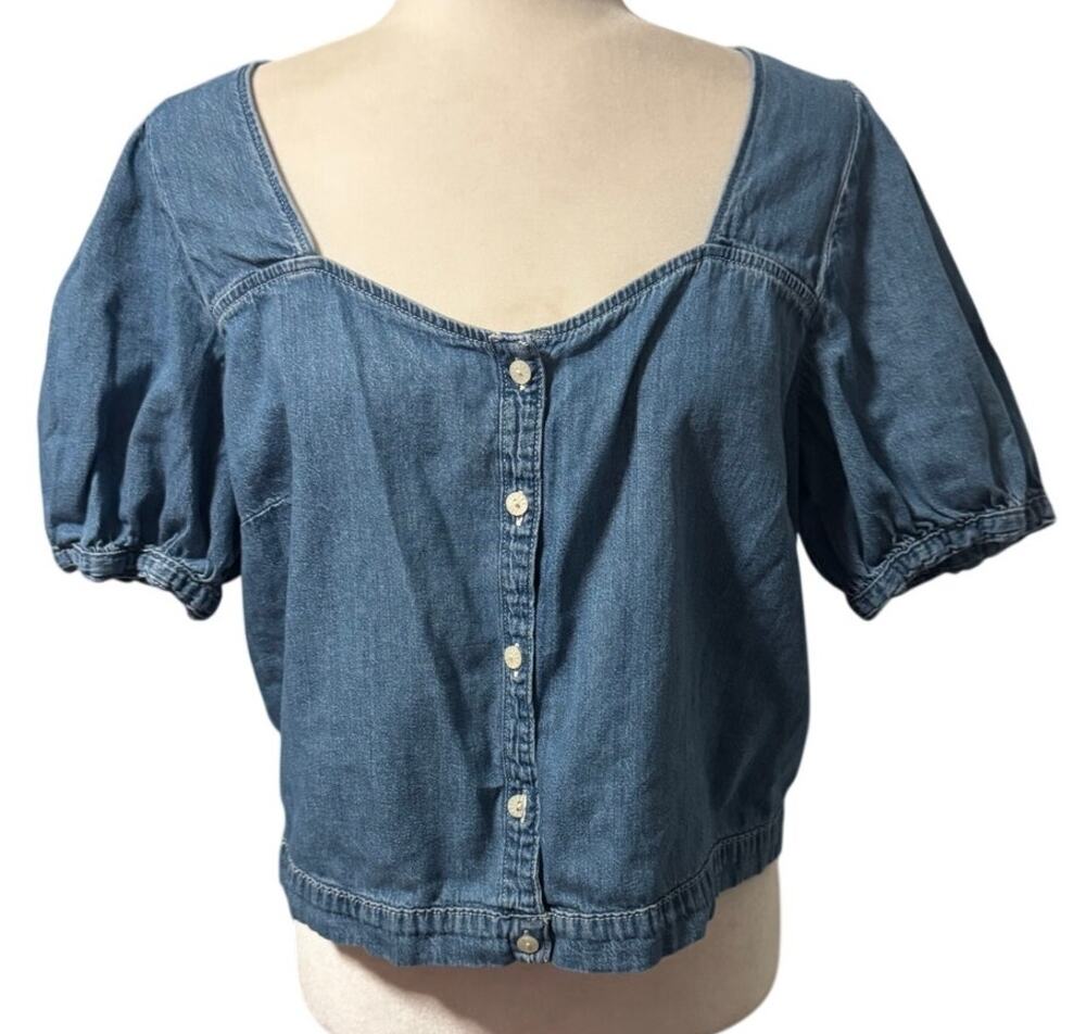 Levi's Denim Puff Sleeve Cropped Button Front Top, Medium Wash, Size XL